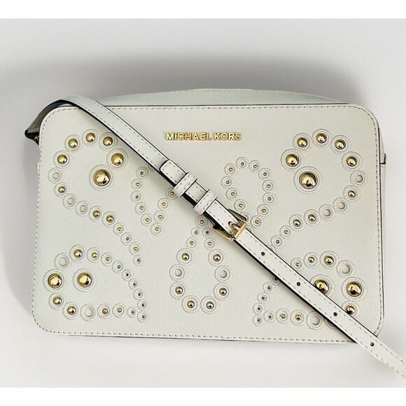 New Michael Kors Ginny Leather Crossbody White Embellished Gold Studded Bag - Picture 1 of 15